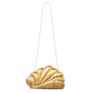 Elegante fächerförmige Abendtasche aus Acryl mit Goldmarmor-Textur und Kette