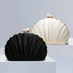 Shell Shaped Evening Clutch Bag Pleated Satin Satin Fabric Women With Metal Frame And Faux Artificial Pearl Clasp For Wedding Party
