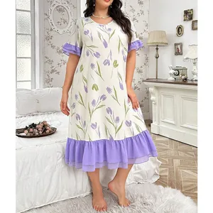 Damen Sommernachthemd in Creme mit lila Tulpen und gestuftem Rüschensaum