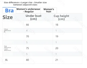 Size chart for three-piece bikini set with bust and cup measurements in centimeters