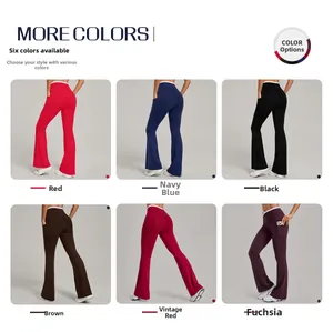 Detail showcasing six colors of flared yoga pants with contrast waist and side pockets