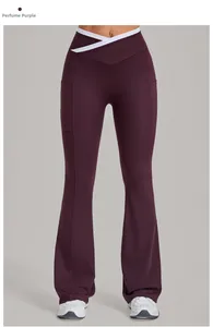 Detail of cross-waist design and side pockets on purple flare yoga leggings