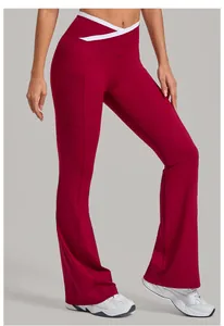 Detail of high-waist yoga flare pants in burgundy with white crossover waist and side pocket