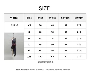 Size chart for the asymmetric vintage printed long dress including bust and waist data