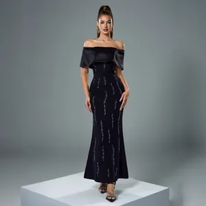 Luxury Off-Shoulder Rhinestone Evening Dress Satin Patchwork Slim Fit Black Bodycon Long Gown For Wedding Party Women