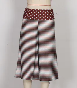 Detail of high waisted wide leg culottes featuring red polka dot and blue striped pattern