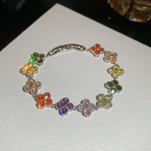 Sparkling multi-color clover flower bracelet with silver chain for women