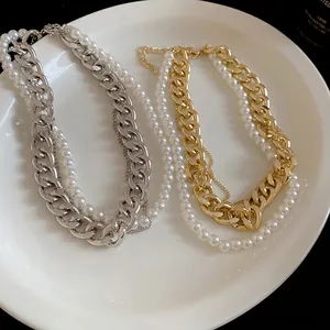 Vintage chunky metal chain and white pearl layered necklace in gold and silver finish