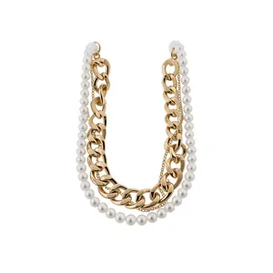 Elegant multi-layer gold-tone metal curb chain and white pearl retro statement necklace