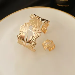Luxury gold-plated ginkgo leaf design cuff bracelet and matching adjustable ring set