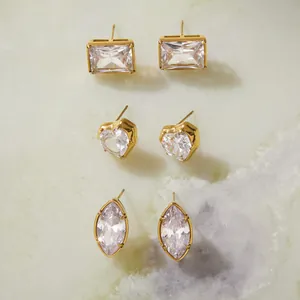Luxury Stainless Steel Cubic Zirconia Stud Earrings For Women Niche Gold Plated Heart Marquise Rectangle Geometric Earring Jewelry Necklace Gift