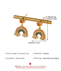 Detalle de pendientes de arcoíris coloridos con dimensiones y peso en material de cobre