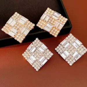 Exaggerated Rhombus Square Stud Earrings for Women Luxury Copper Pave Rhinestone Earrings with 925 Sterling Silver Post