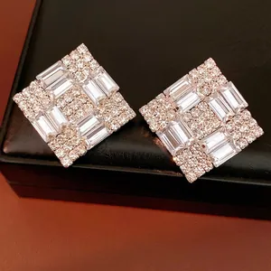 Luxury silver needle diamond-encrusted square stud earrings with geometric design