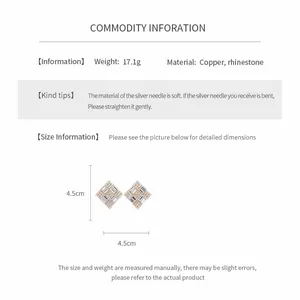 Detail showing 4.5cm square rhinestone earrings with size and material specifications.