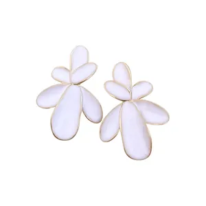 Elegant minimalist white enamel flower stud earrings with gold plating for women