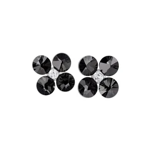 Exquisite silver needle flower stud earrings with dark grey crystals and zircon center