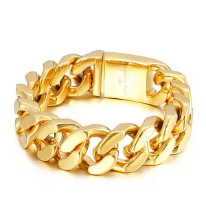 Polished golden stainless steel 316L chunky Cuban chain bracelet for men in high gloss finish