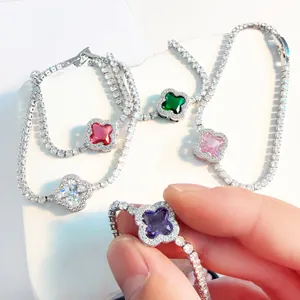 Luxury Copper Gold Plated Clover Flower Bracelet Elegant Tennis Chain Rhinestone Hand Jewelry For Women Party Birthday Gift