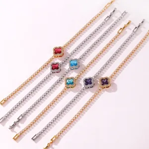 Elegant gold and silver-plated four-leaf clover tennis bracelets with colorful gems