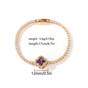 Detail view showing the specific dimensions of a gold clover bracelet with purple gem.
