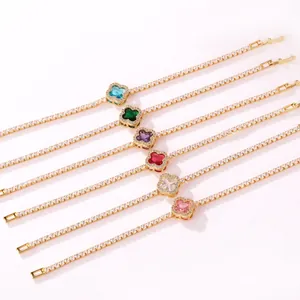 Six colorful four-leaf clover tennis bracelets with gold plating and sparkling crystals.