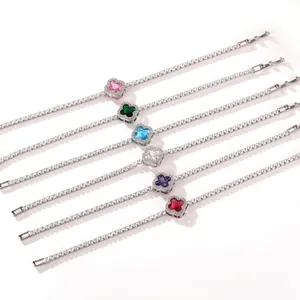 Six elegant tennis bracelets featuring colorful cubic zirconia stones and clover charms.