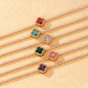 Detailed shot of multi-colored four-leaf clover tennis bracelets with zircon accents