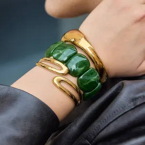 Retro Smudged Resin Acrylic Bangle Stainless Steel Rhinestone Open Bracelet For Women Luxury Geometric Fashion Jewelry