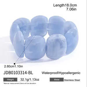 Blue marble-textured stainless steel bracelet showing length and weight specifications