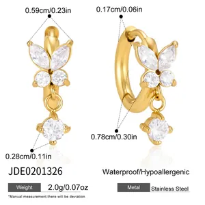 Détails et dimensions des boucles d'oreilles créoles papillon en acier doré 18 carats