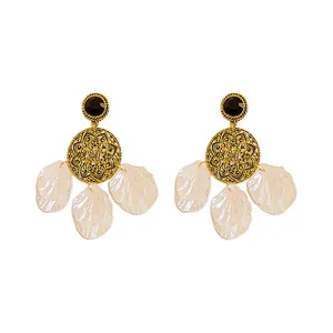 Bohemian acrylic shell crystal flower earrings with gold hollow disc and white petals
