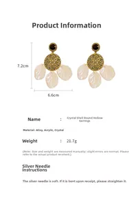 Detailed view of acrylic shell and crystal round petal earrings with 7.2cm dimensions