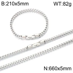 Stainless steel dragon bone chain necklace and bracelet set with size specifications.