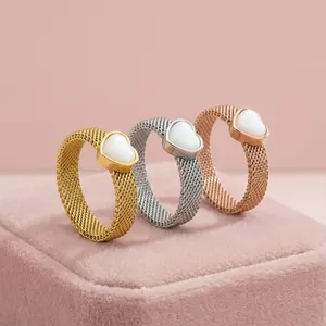 Korean Minimalist Stainless Steel Heart Ring Metal Mesh Weave Band Gold Rose Gold Silver Finger Ring For Women Artificial Pearl Jewelry