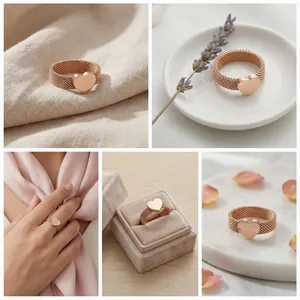 Close-up collage showing a rose gold heart mesh ring in various elegant lifestyle settings