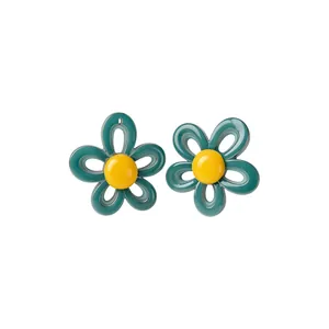 Boucles d'oreilles fleurs évidées bleu canard et jaune, design doux de style dopamine