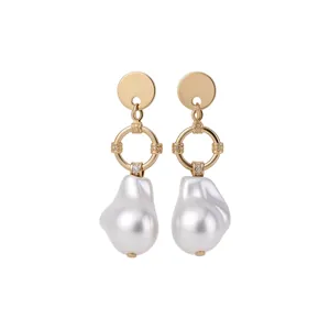 Elegant French retro gold plated earrings with irregular baroque pearls and silver needles