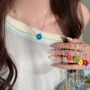 Ästhetische Dopamin Bunte Blume Perlenkette Für Damen Glasperlen Legierung Anhänger Choker Täglich Süßer Dekrativer Schmuck Geschenk
