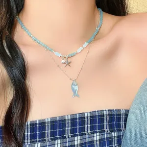 Blue Beaded Fish Pendant Necklace Silver Starfish Shell Charm Double Layer Lock Bone Chain Resort Style Women Jewelry