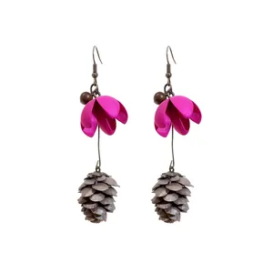 Unique ethnic drop earrings with bright pink petals and pinecone hazelnut pendants