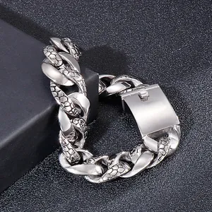 Men's heavy Cuban chain bracelet in silver stainless steel with engraved snake scale patterns