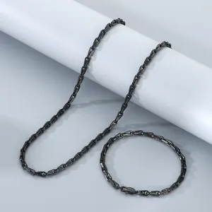 Set gioielli collana e bracciale in acciaio inossidabile nero con maglie a zip e bambù