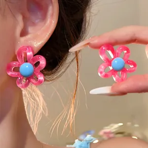 Korean Style Resin Flower Stud Earrings With Silver Post Fresh Sweet Contrast Color Floral Earrings For Women Daily Jewelry