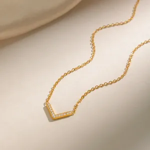 18K gold plated stainless steel V-shaped necklace with micro-pave cubic zirconia