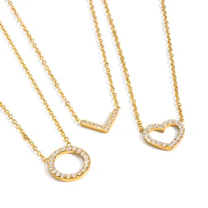 18K gold plated stainless steel necklaces with sparkling heart, V, and circle pendants