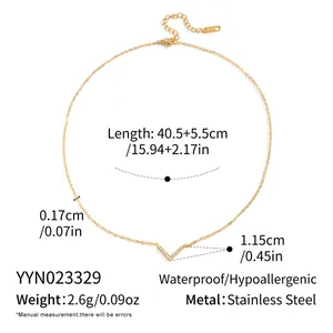 Detail showing 18K gold plated stainless steel V-shaped pendant with fine zircon inlay