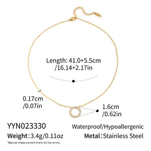 Detailed specs of 18K gold plated stainless steel circle necklace with micro diamonds