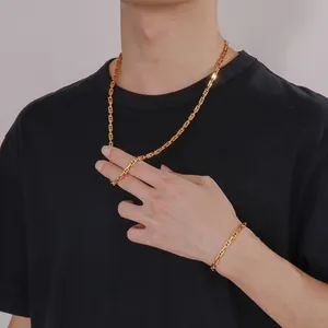 Minimalistische vergulde rechthoekige schakelketting halsketting en armband set voor heren