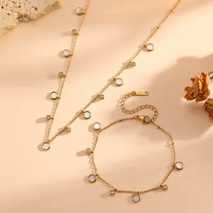Detailed view of French style stainless steel jewelry set with circular crystal pendants